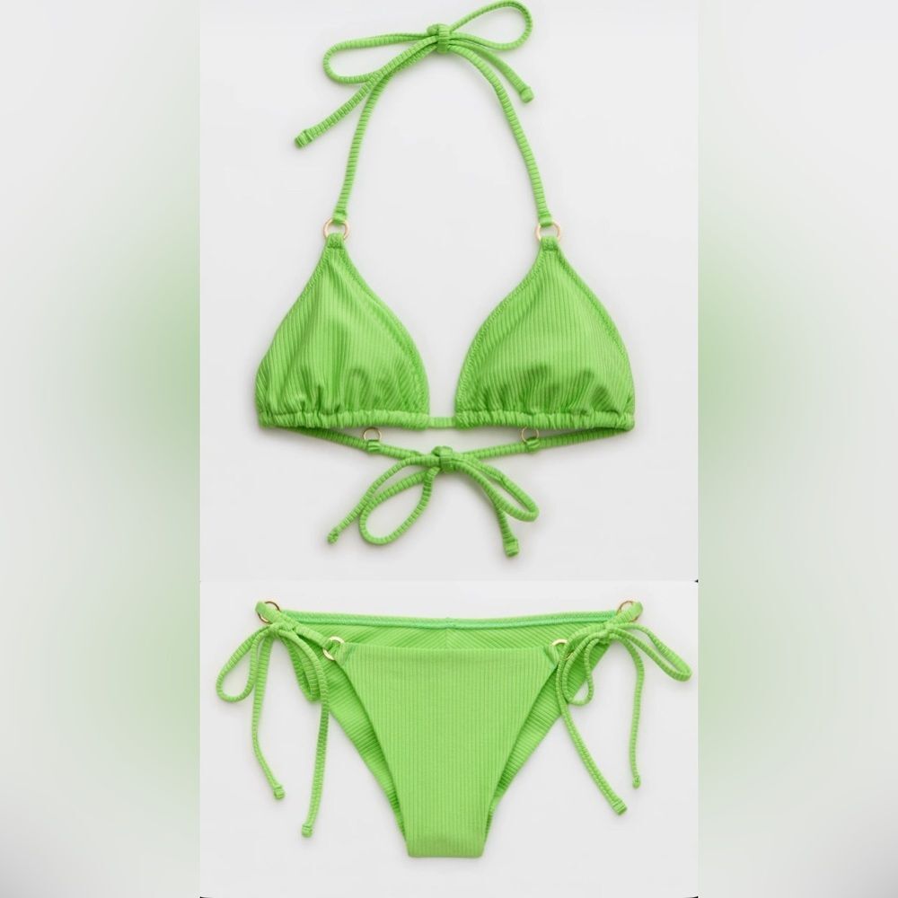 NWT Aerie FULL SET Shine Rib Triangle Top + Cheekiest Tie Bottom Lime Green - L